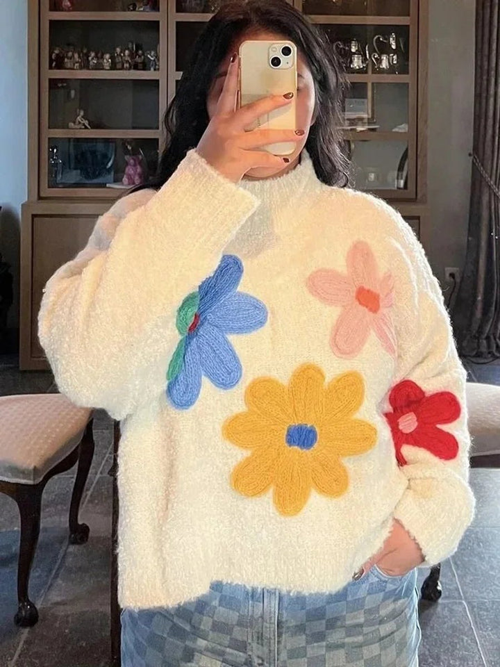 Amelia | Women's Oversized Knitted Jumper 3D Floral Appliqué Crew Neck