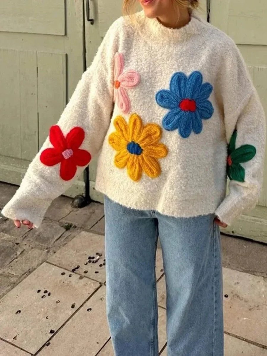 Amelia | Women's Oversized Knitted Jumper 3D Floral Appliqué Crew Neck