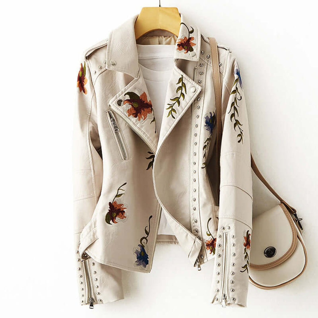 Willow | Women's Floral Embroidered Studded Faux Leather Biker Coat