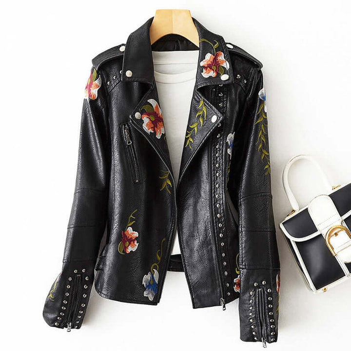 Willow | Women's Floral Embroidered Studded Faux Leather Biker Coat