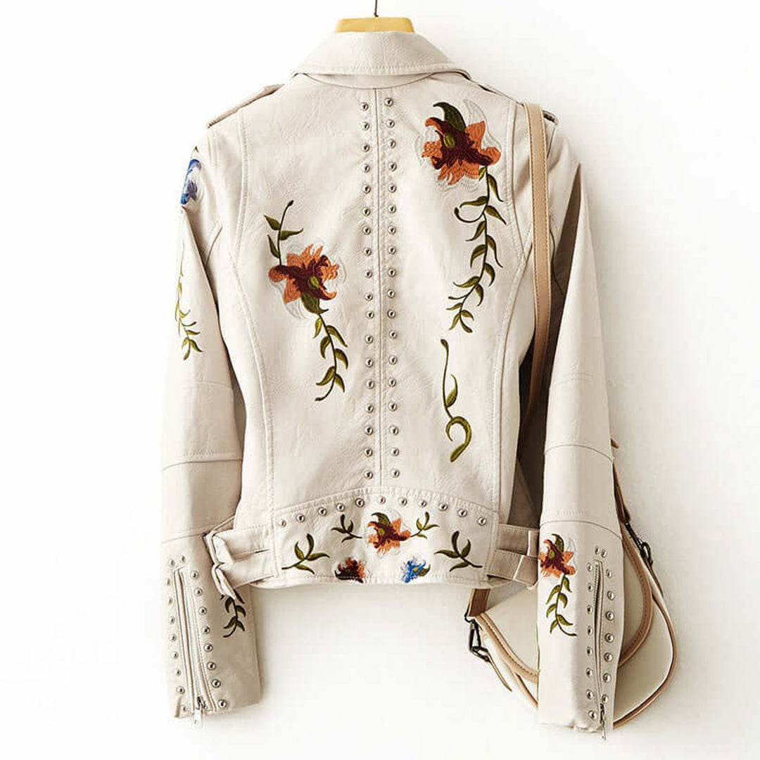 Willow | Women's Floral Embroidered Studded Faux Leather Biker Coat