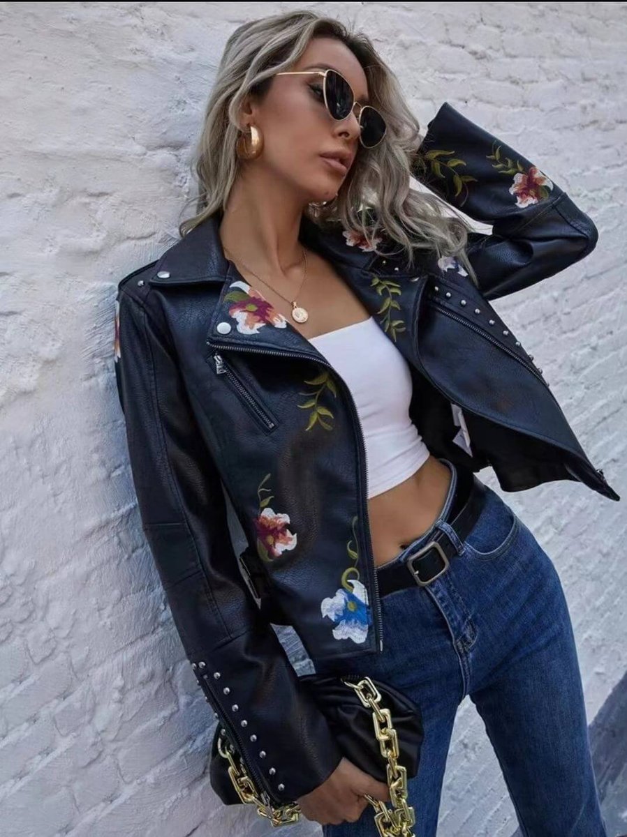 Willow | Women's Floral Embroidered Studded Faux Leather Biker Coat