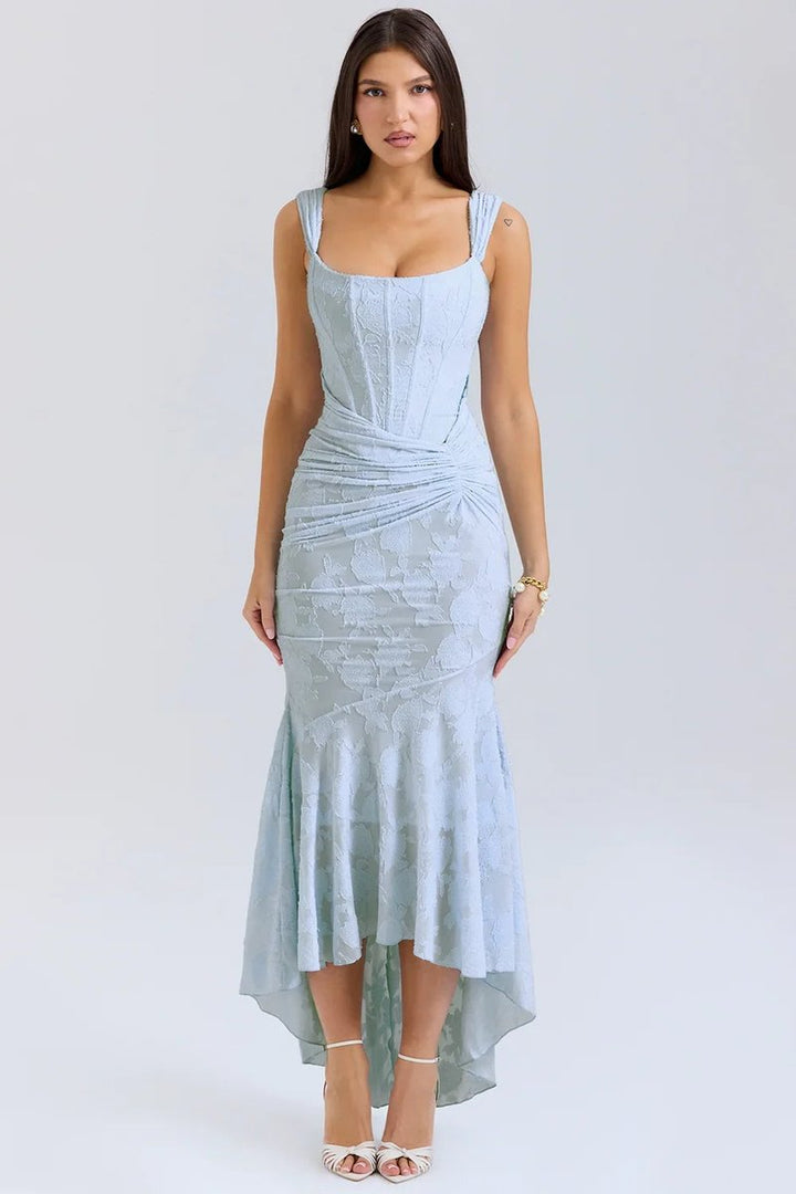 Willow | Women's Floral Jacquard Corset Midi Party Dress Wide Straps