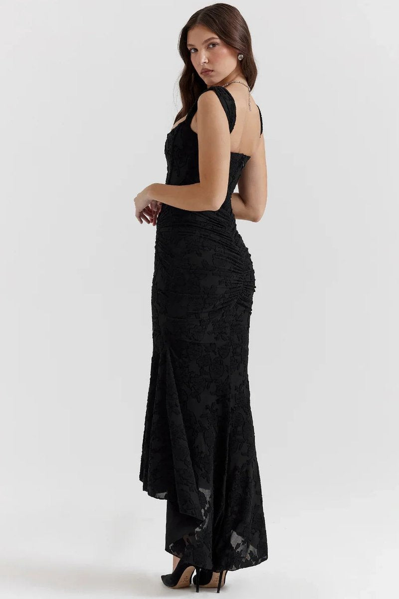 Willow | Women's Floral Jacquard Corset Midi Party Dress Wide Straps