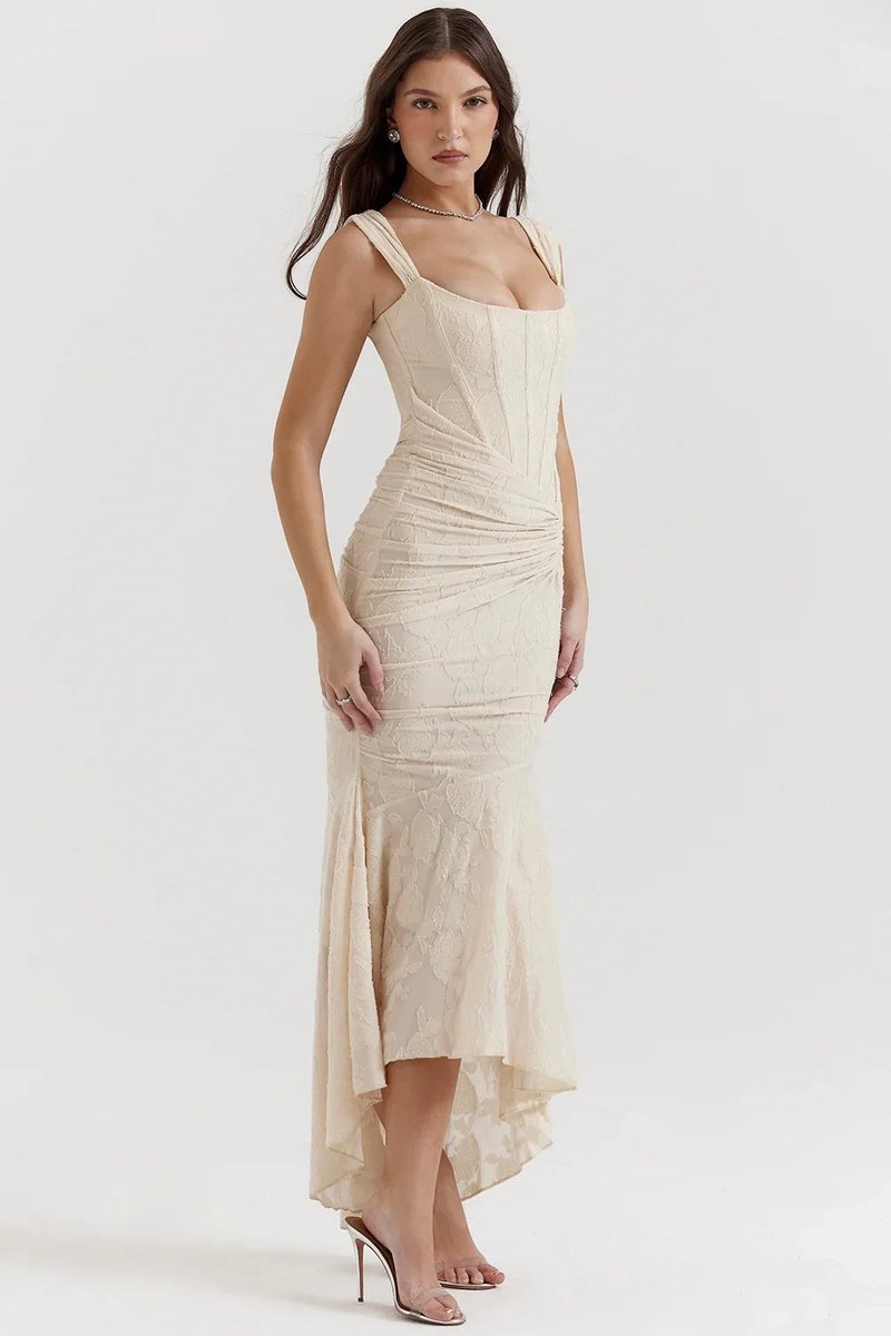 Willow | Women's Floral Jacquard Corset Midi Party Dress Wide Straps
