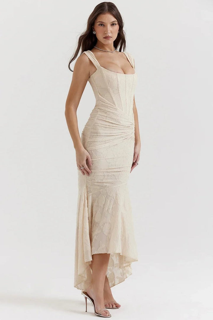 Willow | Women's Floral Jacquard Corset Midi Party Dress Wide Straps