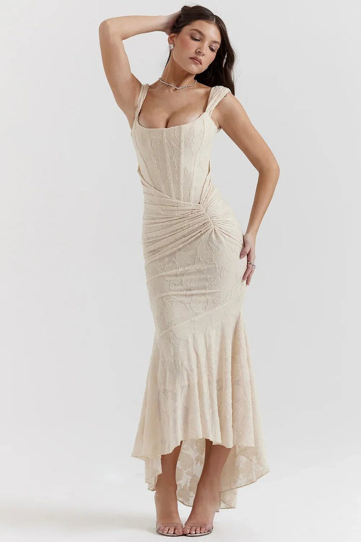 Willow | Women's Floral Jacquard Corset Midi Party Dress Wide Straps