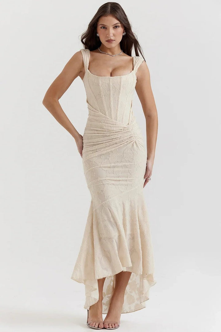 Willow | Women's Floral Jacquard Corset Midi Party Dress Wide Straps