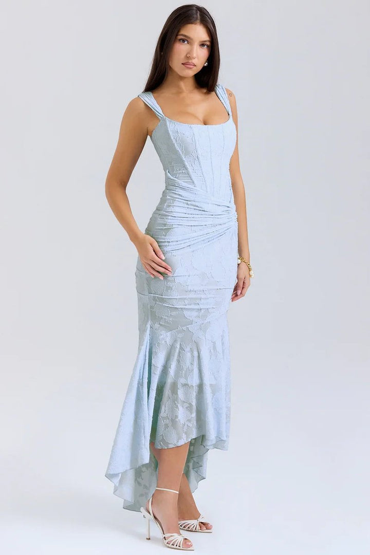 Willow | Women's Floral Jacquard Corset Midi Party Dress Wide Straps