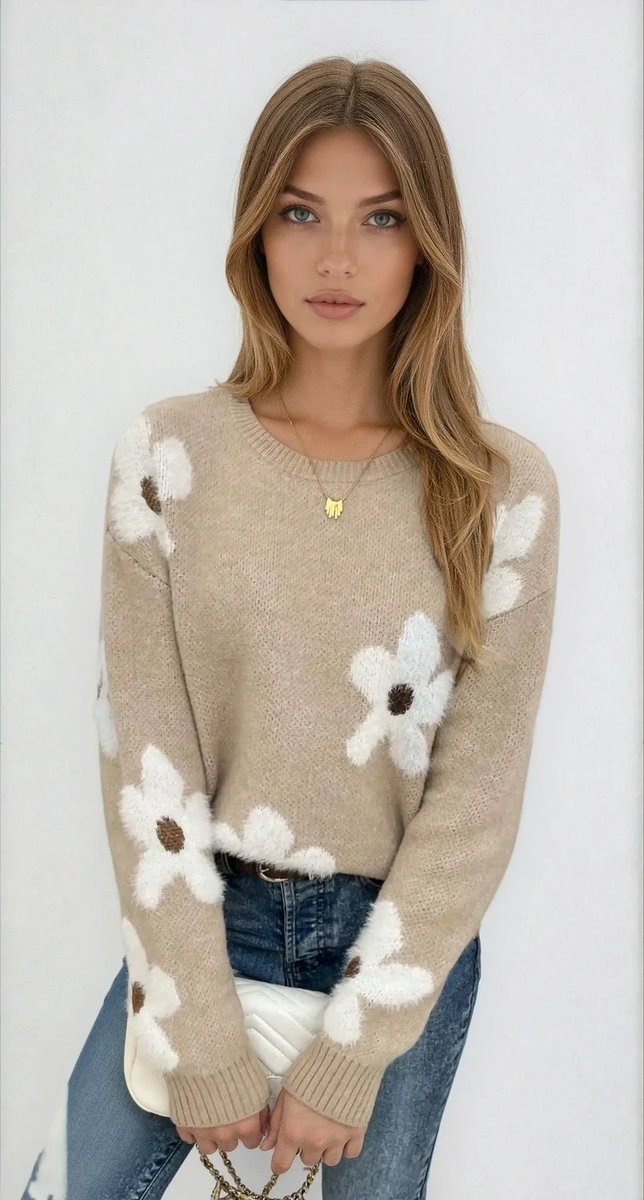 Willow | Women's Floral Knitted Jumper Crew Neck Relaxed Fit Pullover