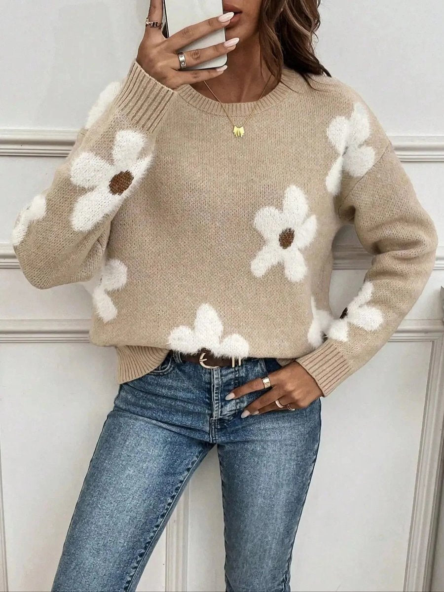 Willow | Women's Floral Knitted Jumper Crew Neck Relaxed Fit Pullover
