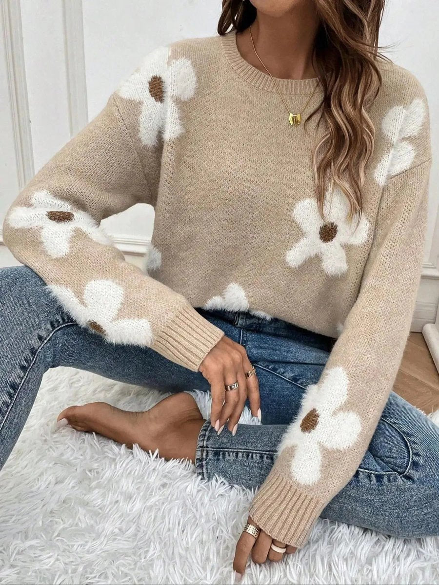 Willow | Women's Floral Knitted Jumper Crew Neck Relaxed Fit Pullover