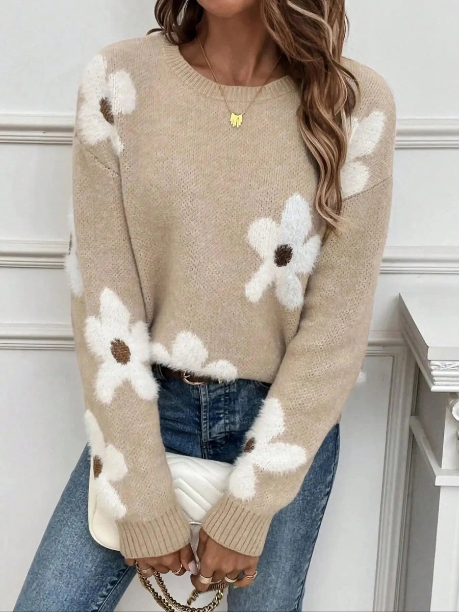 Willow | Women's Floral Knitted Jumper Crew Neck Relaxed Fit Pullover