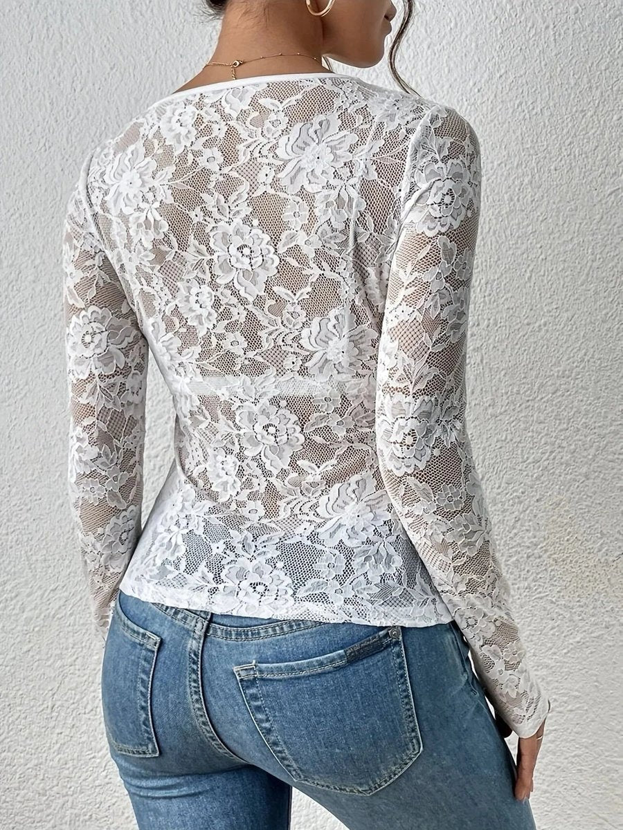 Ella | Women's Floral Lace Long-Sleeve V-Neck Blouse Scalloped Trim