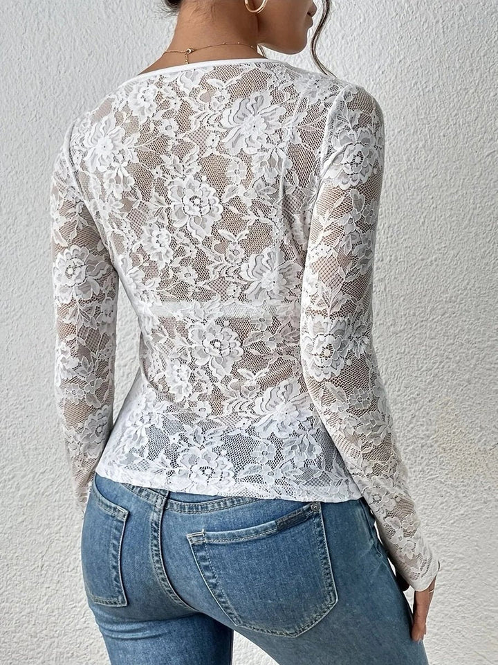 Ella | Women's Floral Lace Long-Sleeve V-Neck Blouse Scalloped Trim