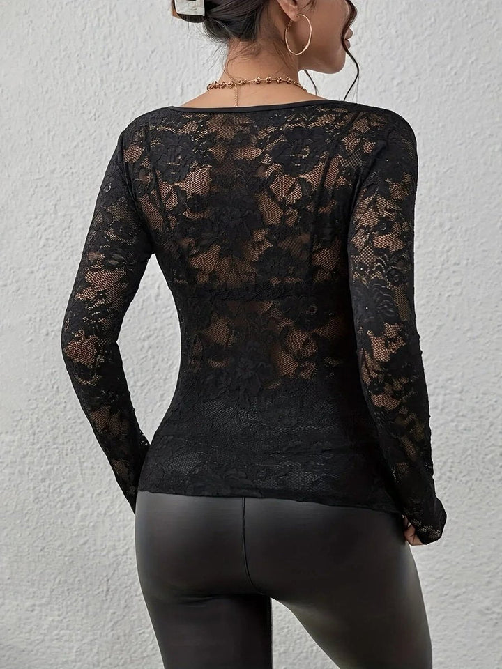 Ella | Women's Floral Lace Long-Sleeve V-Neck Blouse Scalloped Trim