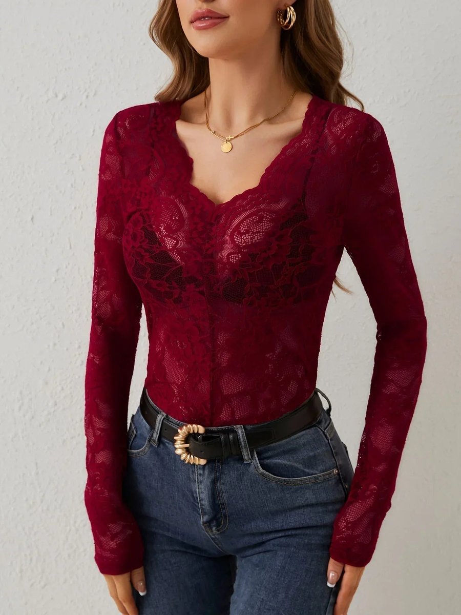 Ella | Women's Floral Lace Long-Sleeve V-Neck Blouse Scalloped Trim