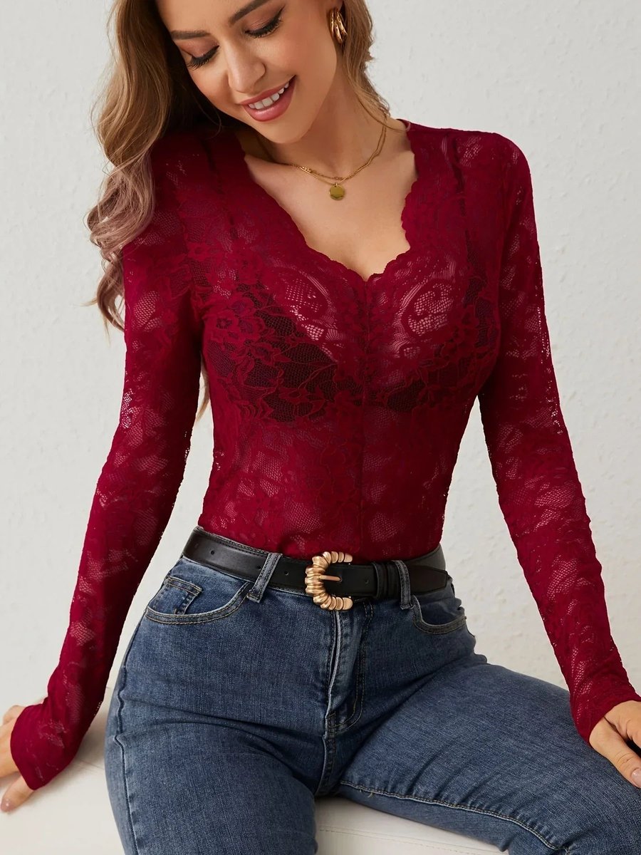 Ella | Women's Floral Lace Long-Sleeve V-Neck Blouse Scalloped Trim