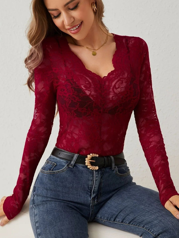 Ella | Women's Floral Lace Long-Sleeve V-Neck Blouse Scalloped Trim