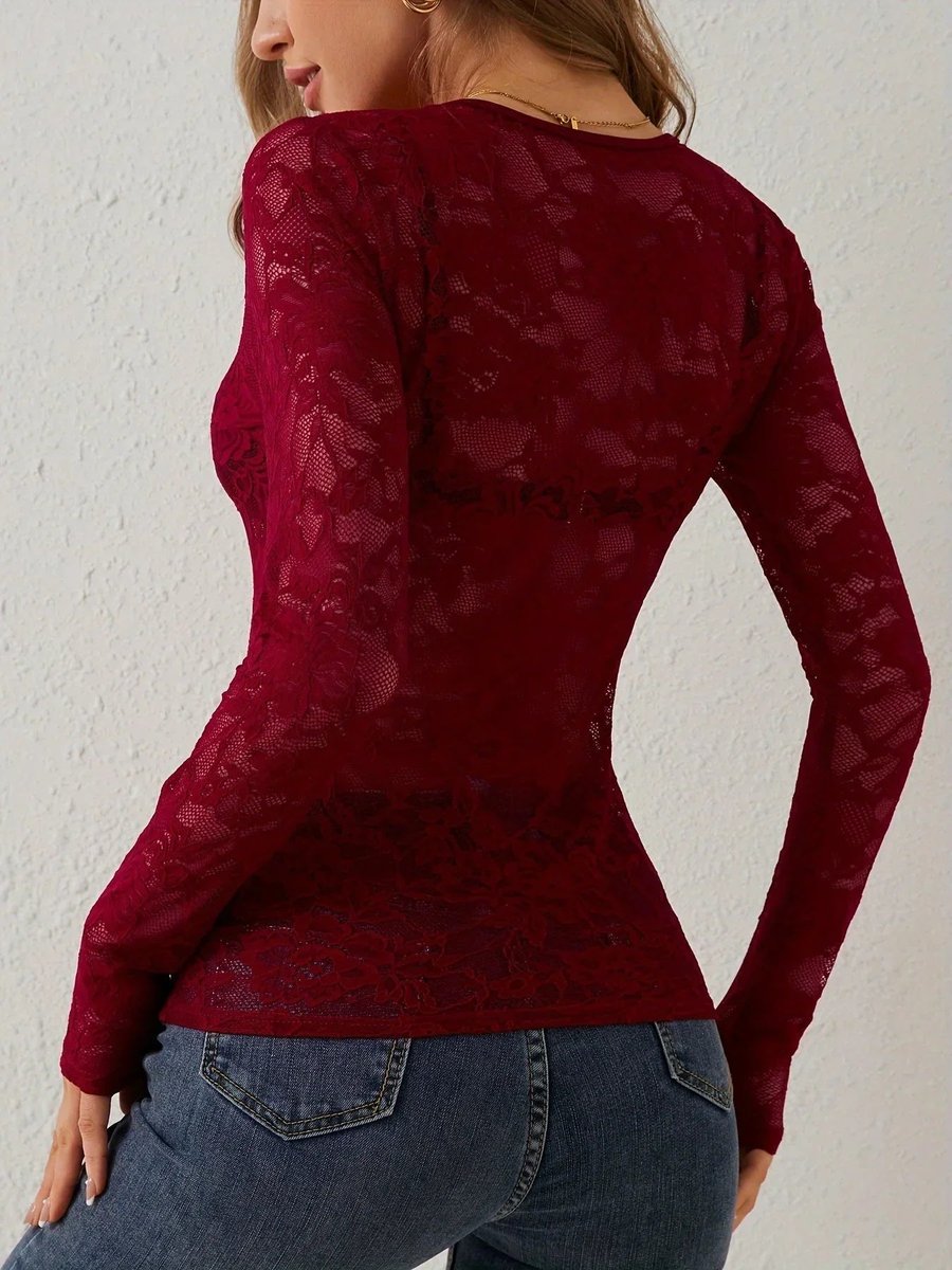 Ella | Women's Floral Lace Long-Sleeve V-Neck Blouse Scalloped Trim