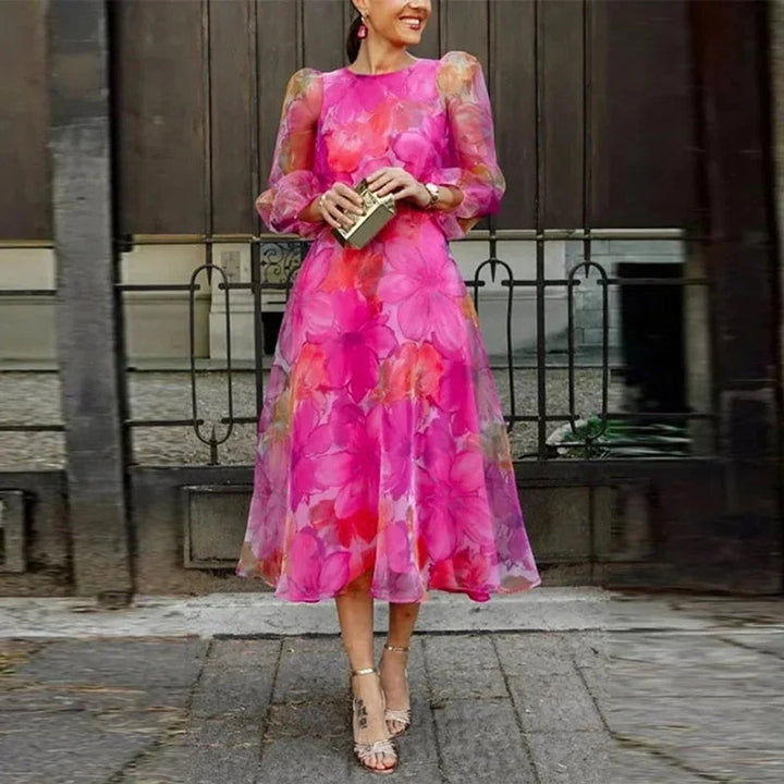 Sophie | Women's Floral Party Dress Sheer Long Sleeve A-Line Midi