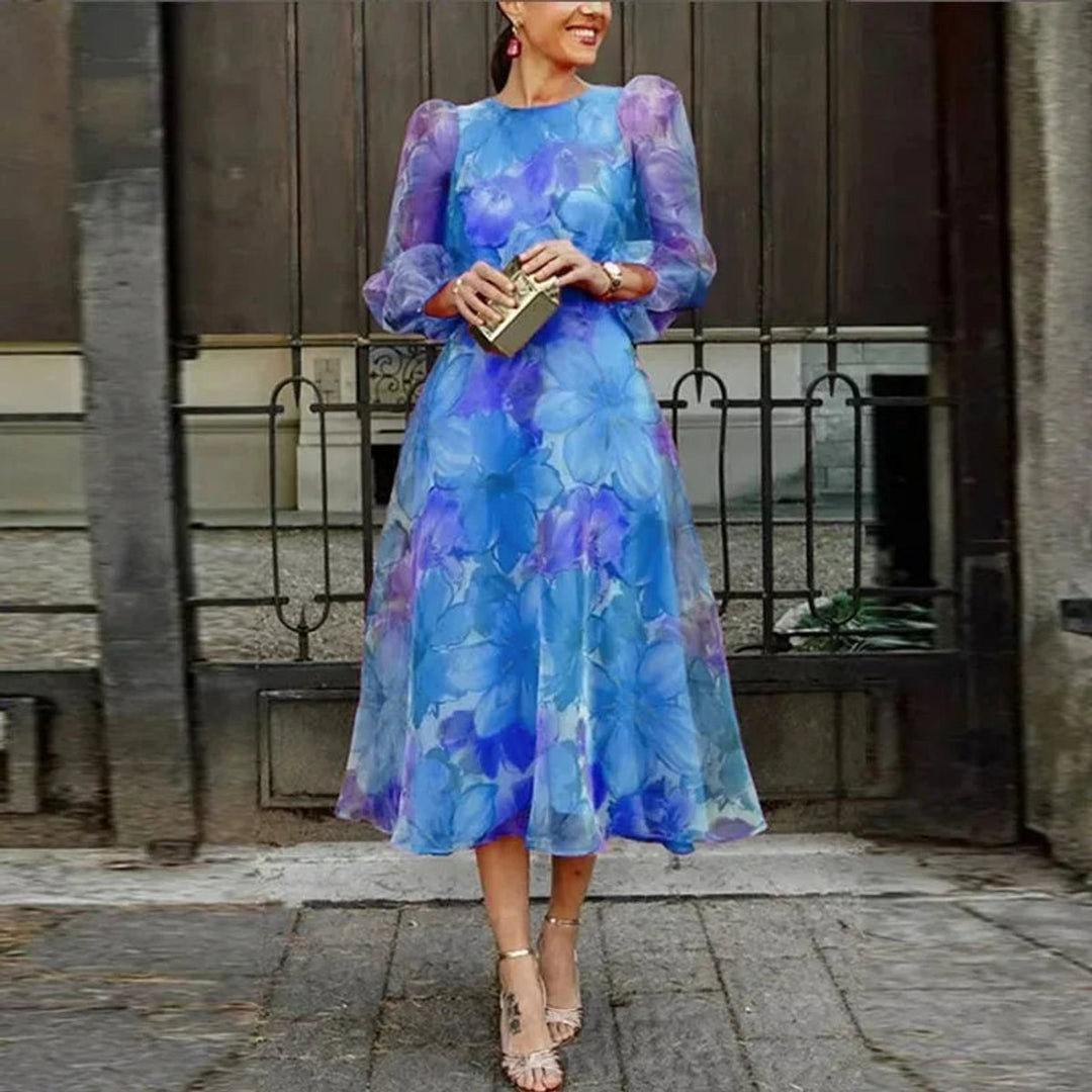 Sophie | Women's Floral Party Dress Sheer Long Sleeve A-Line Midi