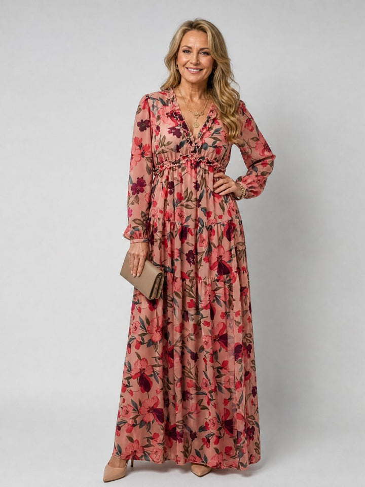 Ivy | Women's Floral Tiered Maxi Dress Long Sleeve Ruffled V-Neck