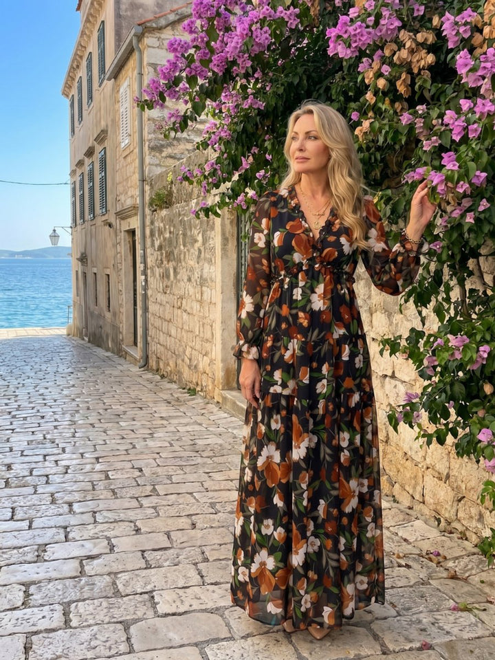 Ivy | Women's Floral Tiered Maxi Dress Long Sleeve Ruffled V-Neck