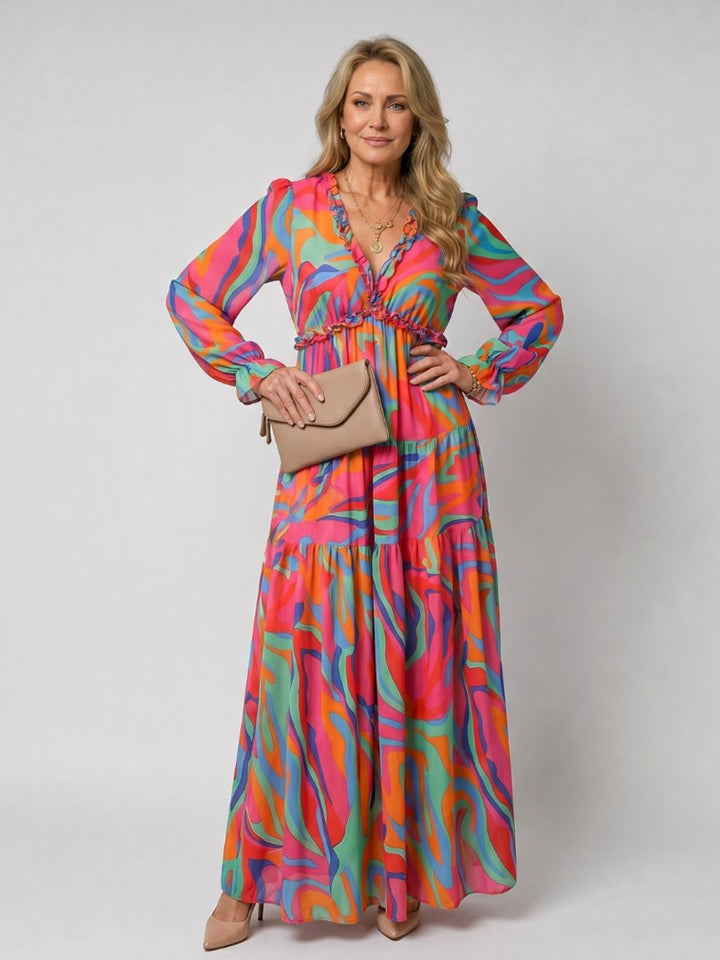 Ivy | Women's Floral Tiered Maxi Dress Long Sleeve Ruffled V-Neck