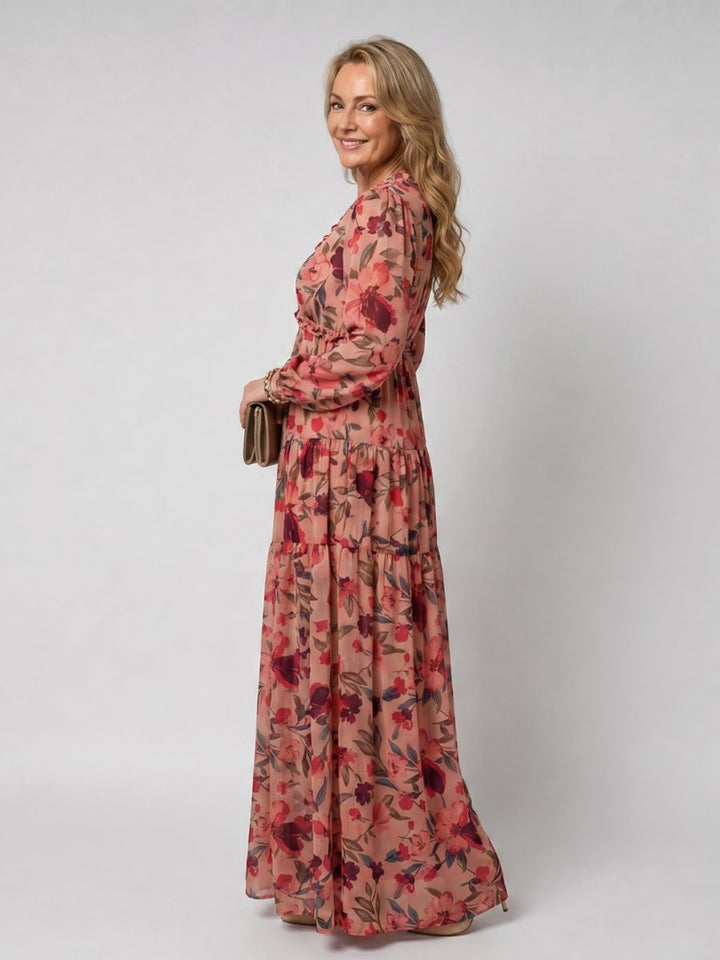 Ivy | Women's Floral Tiered Maxi Dress Long Sleeve Ruffled V-Neck