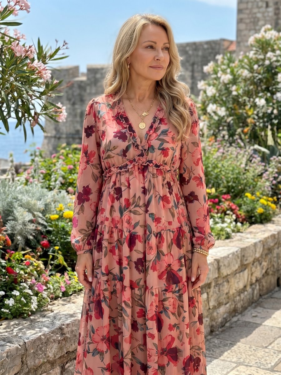 Ivy | Women's Floral Tiered Maxi Dress Long Sleeve Ruffled V-Neck