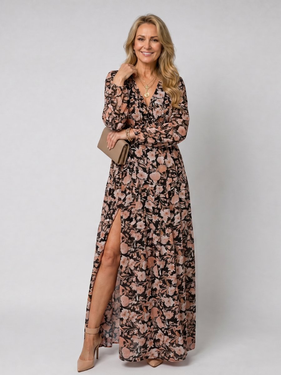 Ivy | Women's Floral Tiered Maxi Dress Long Sleeve Ruffled V-Neck