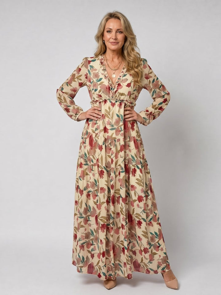 Ivy | Women's Floral Tiered Maxi Dress Long Sleeve Ruffled V-Neck