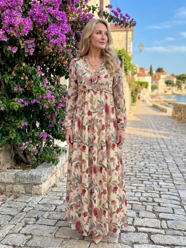 Ivy | Women's Floral Tiered Maxi Dress Long Sleeve Ruffled V-Neck