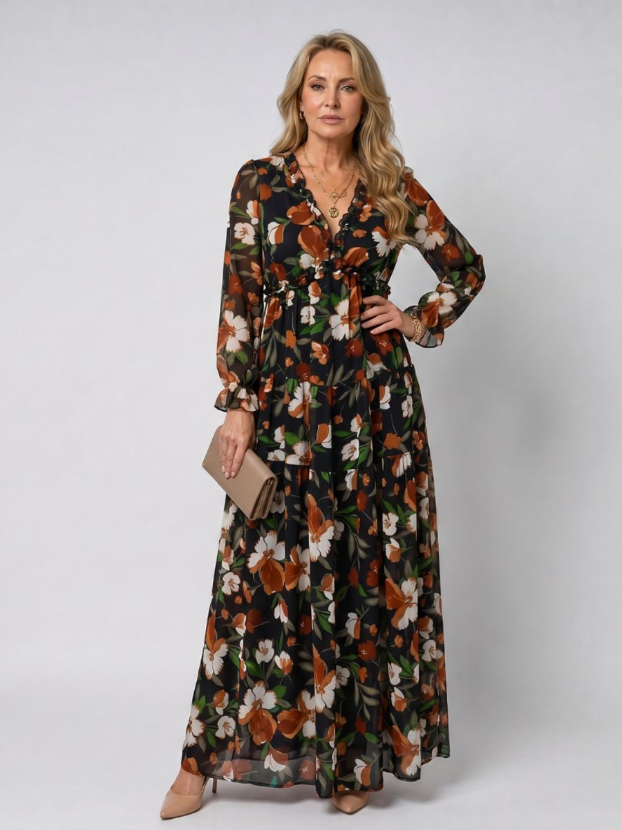 Ivy | Women's Floral Tiered Maxi Dress Long Sleeve Ruffled V-Neck