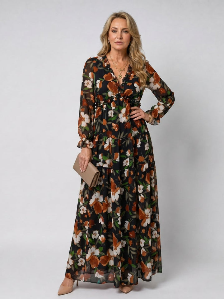 Ivy | Women's Floral Tiered Maxi Dress Long Sleeve Ruffled V-Neck