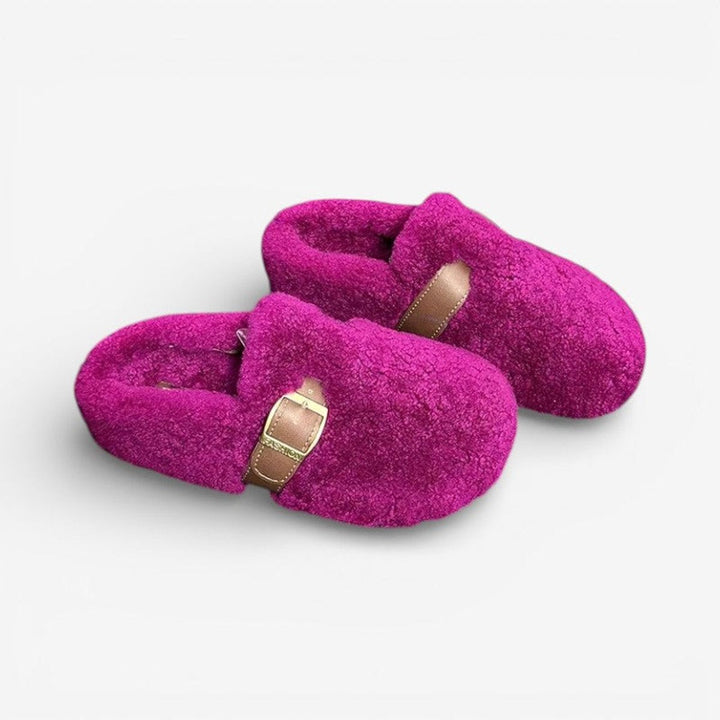 Ella | Women's Fluffy Bouclé Buckle-Strap Slip-On Slippers Flat Sole