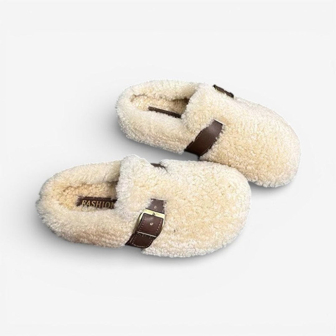 Ella | Women's Fluffy Bouclé Buckle-Strap Slip-On Slippers Flat Sole