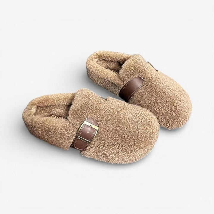 Ella | Women's Fluffy Bouclé Buckle-Strap Slip-On Slippers Flat Sole