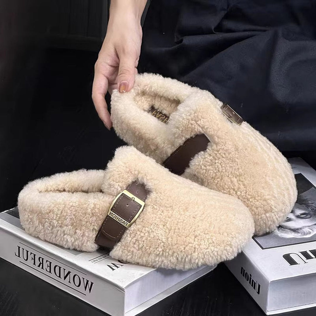 Ella | Women's Fluffy Bouclé Buckle-Strap Slip-On Slippers Flat Sole