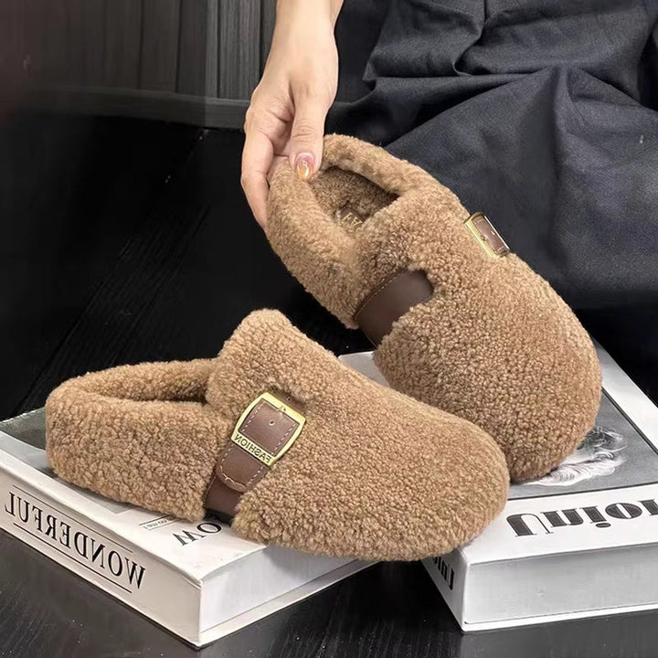 Ella | Women's Fluffy Bouclé Buckle-Strap Slip-On Slippers Flat Sole