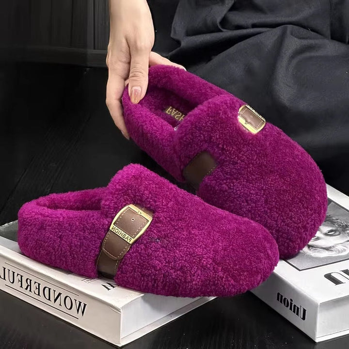 Ella | Women's Fluffy Bouclé Buckle-Strap Slip-On Slippers Flat Sole