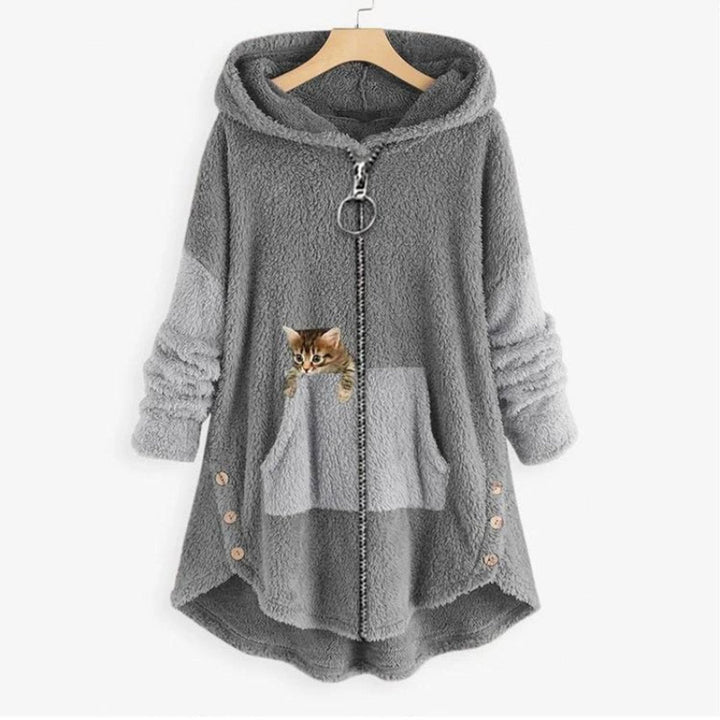 Freya | Women's Fluffy Zip-Up Hooded Coat Cat Pocket Fleece Jacket