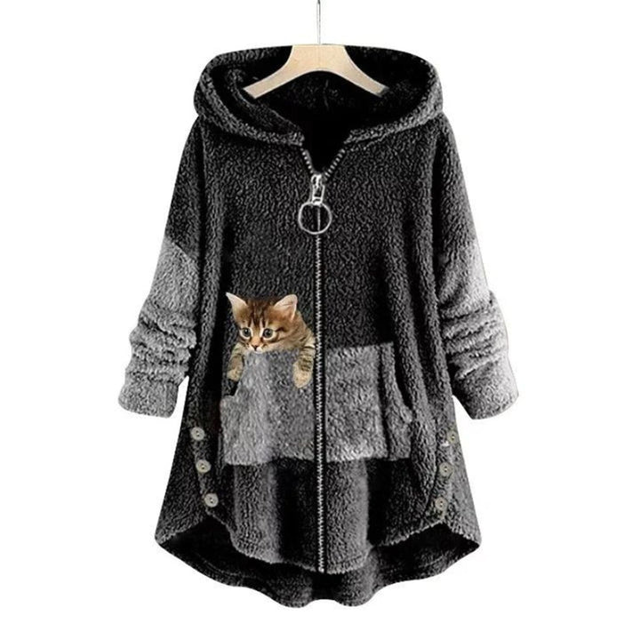 Freya | Women's Fluffy Zip-Up Hooded Coat Cat Pocket Fleece Jacket