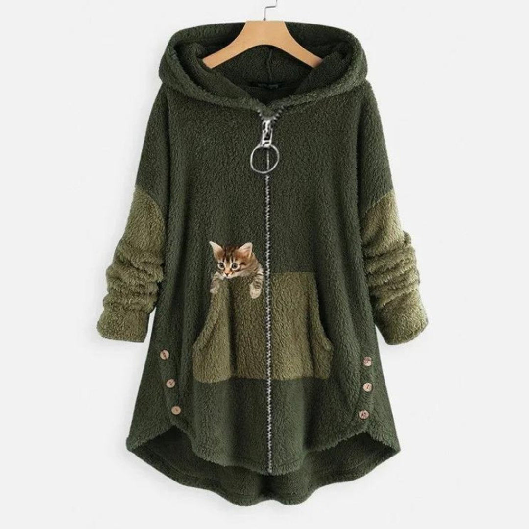 Freya | Women's Fluffy Zip-Up Hooded Coat Cat Pocket Fleece Jacket