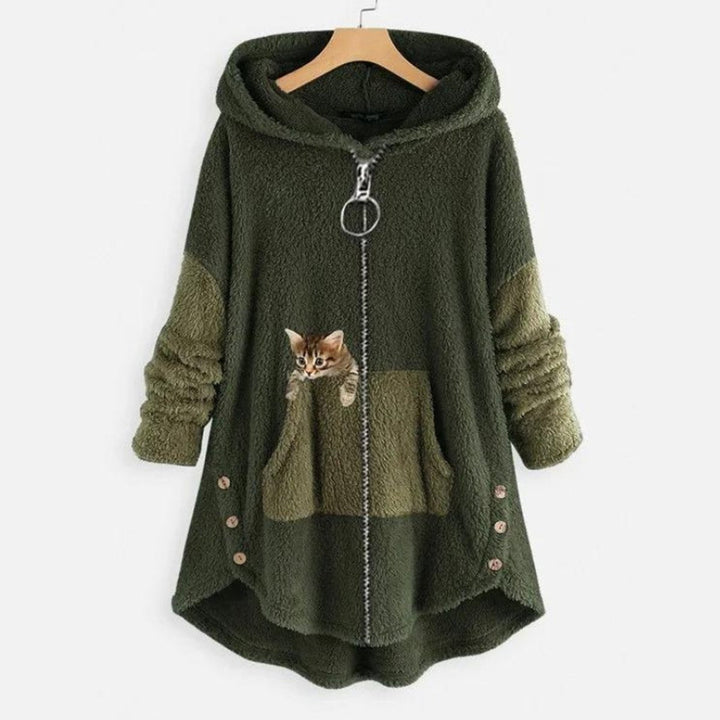 Freya | Women's Fluffy Zip-Up Hooded Coat Cat Pocket Fleece Jacket