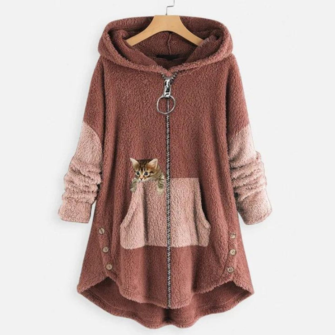 Freya | Women's Fluffy Zip-Up Hooded Coat Cat Pocket Fleece Jacket