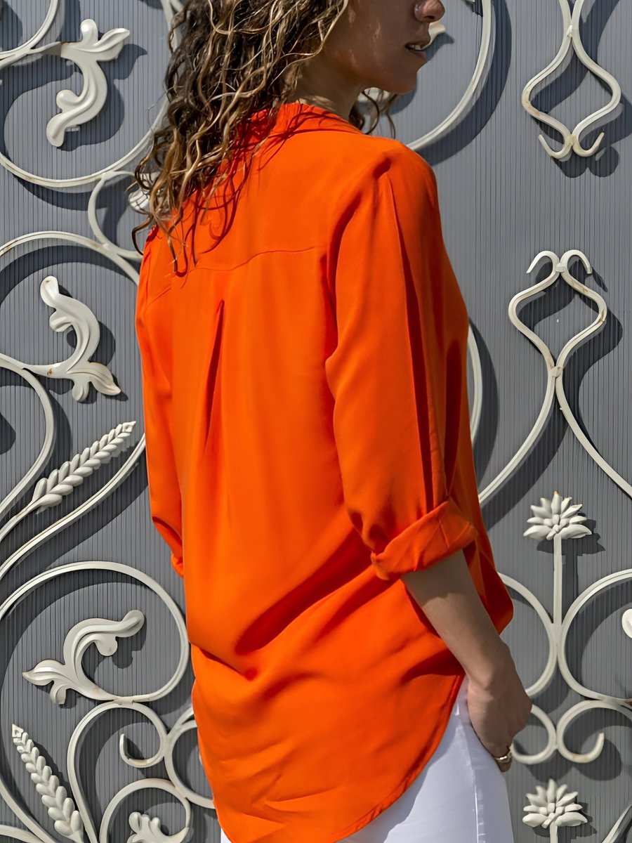 Ava | Women's Fluid Classic-Collar Blouse Roll-Up 3/4 Sleeves Curved Hem
