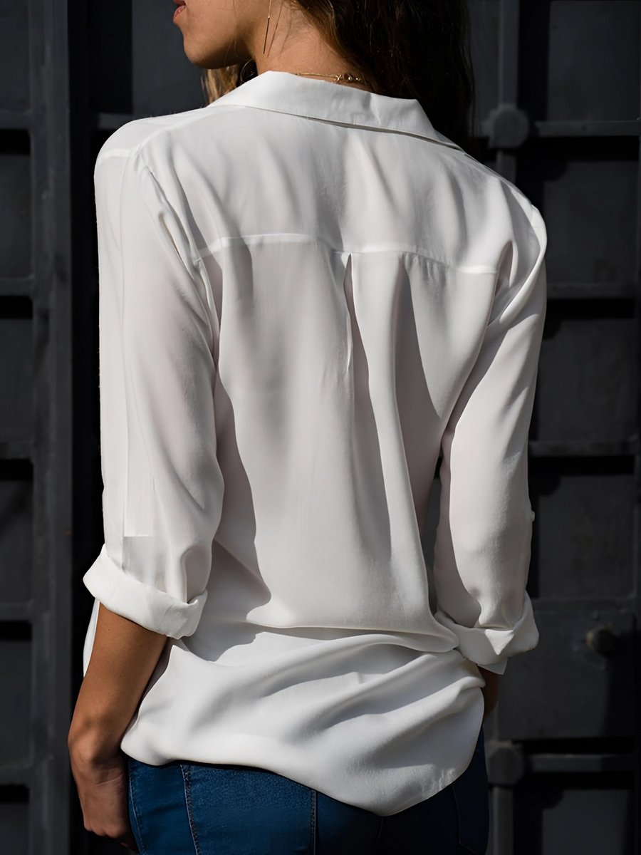 Ava | Women's Fluid Classic-Collar Blouse Roll-Up 3/4 Sleeves Curved Hem