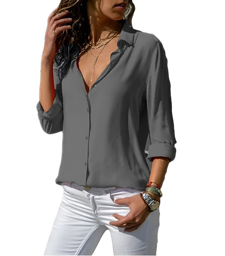 Ava | Women's Fluid Classic-Collar Blouse Roll-Up 3/4 Sleeves Curved Hem